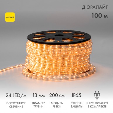 Дюралайт LED двухжильный 230В 13мм 24 LED/м ЖЕЛТЫЙ постоянное свечение модуль 2м бухта 100м NEON NIGHT Дюралайт LED двухжильный 230В 13мм 24 LED/м ЖЕЛТЫЙ постоянное свечение модуль 2м бухта 100м NEON NIGHT